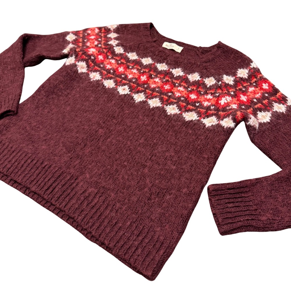 Hollister Womens Fair Isle Wool Blend Sweater Small Burgundy Red Y2K Nordic Knit